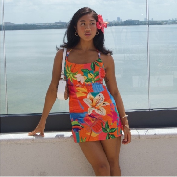 Kulani Kinis Pilila Beaded String Floral Mini Dress Havana Haven Hawaiian sz S - Picture 5 of 16